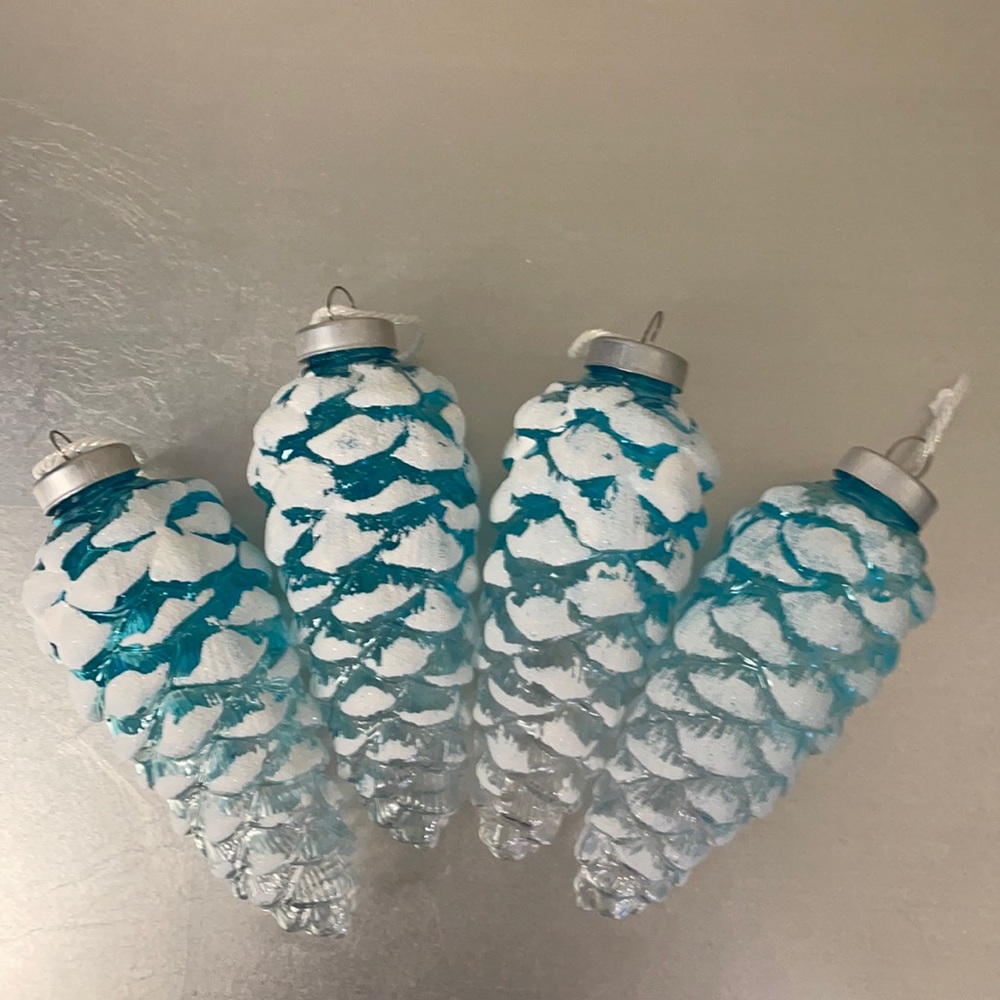 4 Shatterproof Turquoise Glitter-Frosted Pinecone Ornaments
